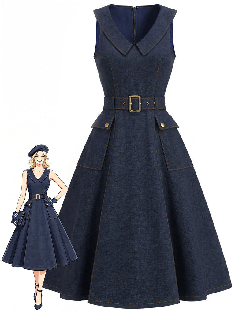 [Prevendita] Abito Blu Navy Anni '50 Revers Scollo a V Senza Maniche in Denim