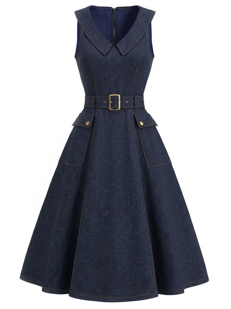 [Prevendita] Abito Blu Navy Anni '50 Revers Scollo a V Senza Maniche in Denim 3