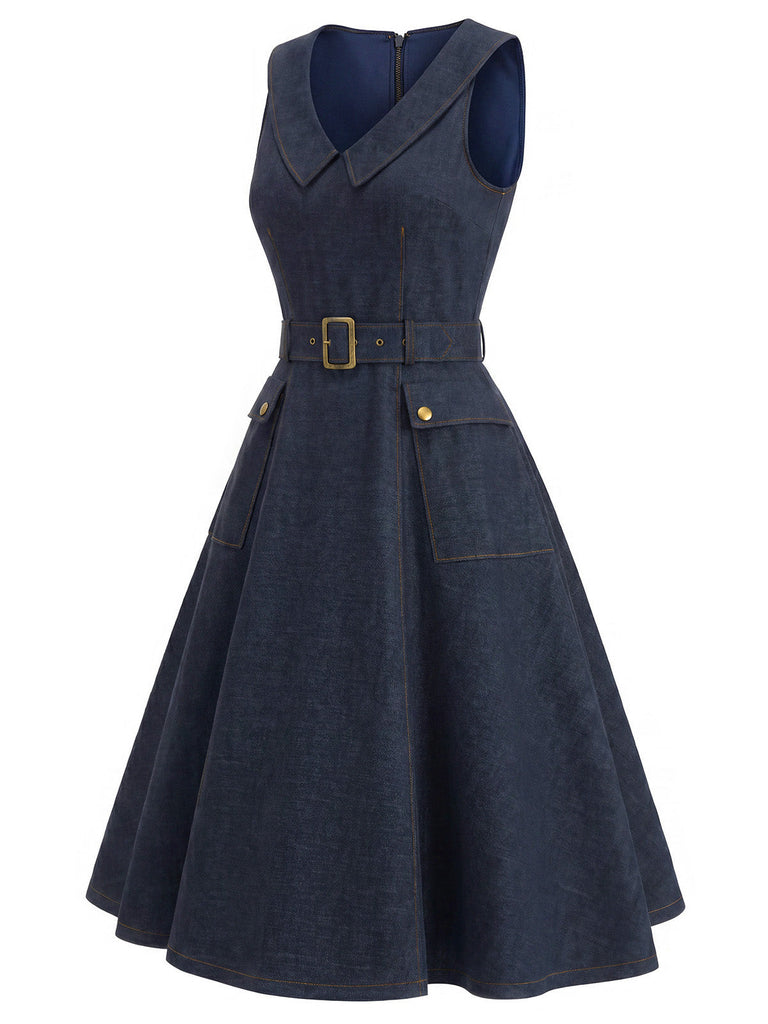 [Prevendita] Abito Blu Navy Anni '50 Revers Scollo a V Senza Maniche in Denim 4