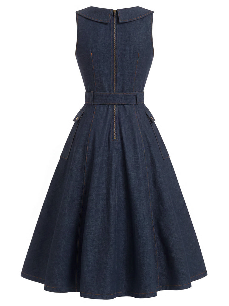 [Prevendita] Abito Blu Navy Anni '50 Revers Scollo a V Senza Maniche in Denim 5