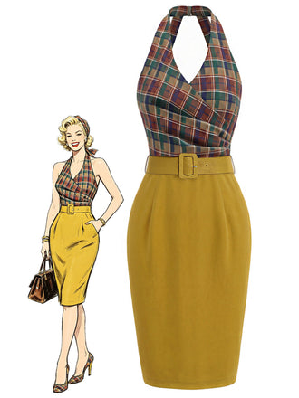 [Prevendita] Abito Multicolore Anni '60 a Quadri con Scollo all'Americana Scollo a V Schiena Scoperta a Matita