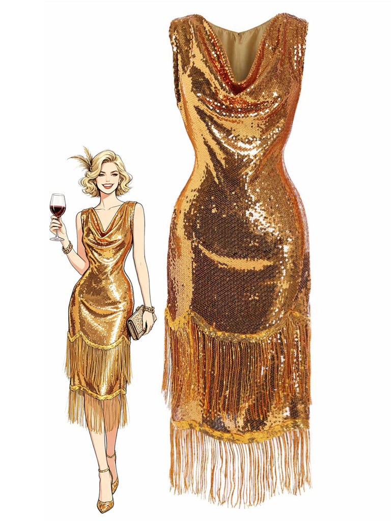 [Prevendita] Abito Oro Anni '20 con Scollo Morbido Frange e Paillettes