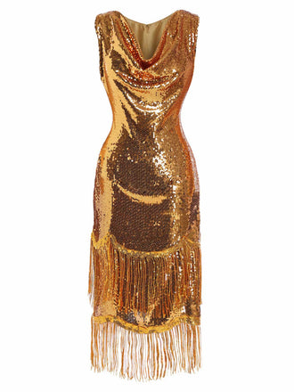 [Prevendita] Abito Oro Anni '20 con Scollo Morbido Frange e Paillettes 2