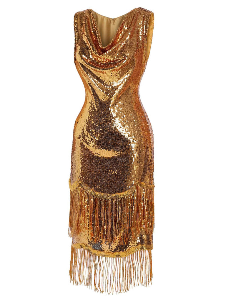 [Prevendita] Abito Oro Anni '20 con Scollo Morbido Frange e Paillettes 3