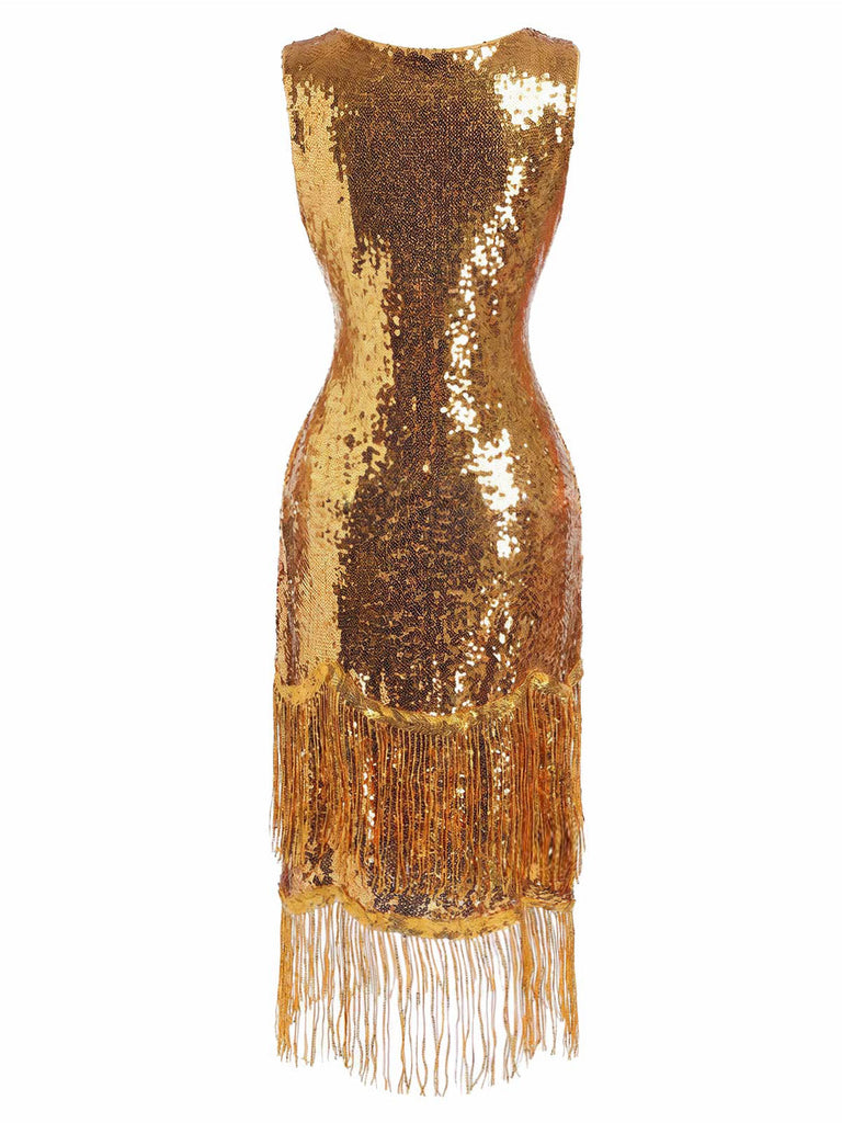 [Prevendita] Abito Oro Anni '20 con Scollo Morbido Frange e Paillettes 4