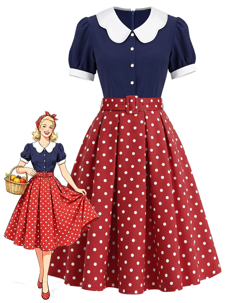 [Prevendita] Abito Blu Navy Anni '50 a Pois Petal Collar