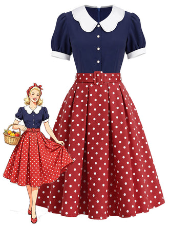 [Prevendita] Abito Blu Navy Anni '50 a Pois Petal Collar