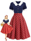 [Prevendita] Abito Blu Navy Anni '50 a Pois con Colletto a Petalo