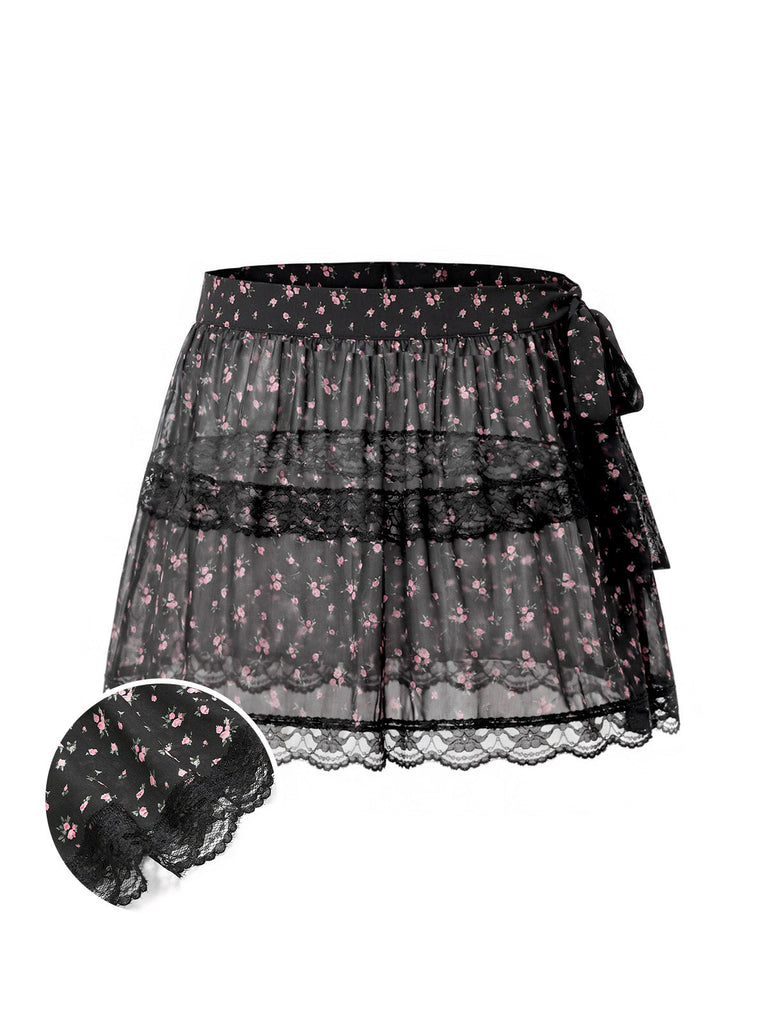 [Prevendita] Gonna a Balze in Tulle Trasparente con Lacci Floreale Nero Anni '50
