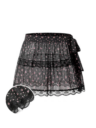 [Prevendita] Gonna a Balze in Tulle Trasparente con Lacci Floreale Nero Anni '50