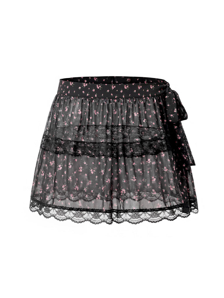 [Prevendita] Gonna a Balze in Tulle Trasparente con Lacci Floreale Nero Anni '50 2