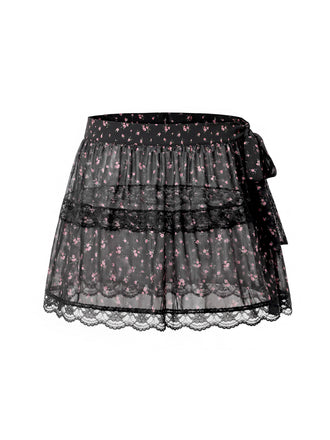 [Prevendita] Gonna a Balze in Tulle Trasparente con Lacci Floreale Nero Anni '50 2