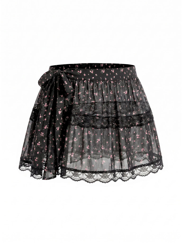 [Prevendita] Gonna a Balze in Tulle Trasparente con Lacci Floreale Nero Anni '50 3