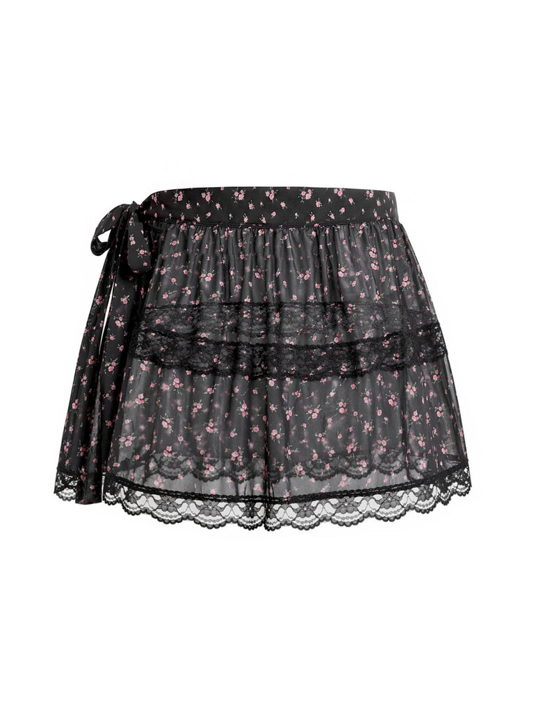 [Prevendita] Gonna a Balze in Tulle Trasparente con Lacci Floreale Nero Anni '50 4