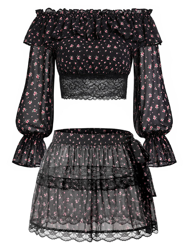 [Prevendita] 3 Pezzi Top a Piccoli Fiori in Pizzo Nero con Gonna Lunga e Gonna Mini Anni '50 7