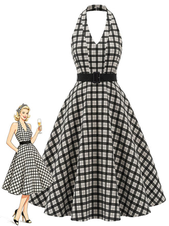 [Prevendita] Abito Svasato Nero a Quadri Halter con Cintura e Tasche Anni '50