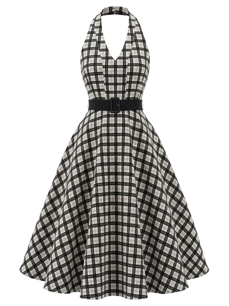 [Prevendita] Abito Svasato Nero a Quadri Halter con Cintura e Tasche Anni '50 2