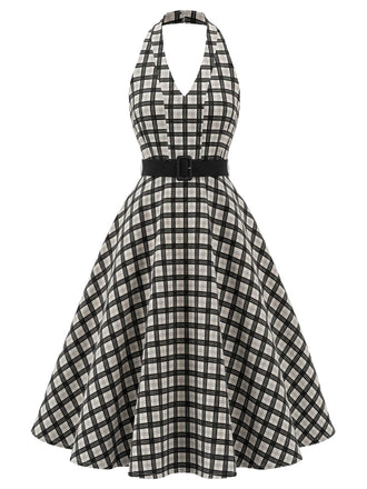 [Prevendita] Abito Svasato Nero a Quadri Halter con Cintura e Tasche Anni '50 2