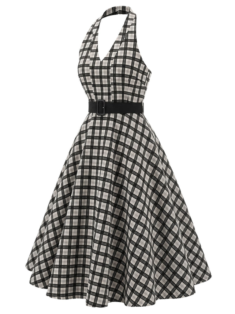 [Prevendita] Abito Svasato Nero a Quadri Halter con Cintura e Tasche Anni '50 3