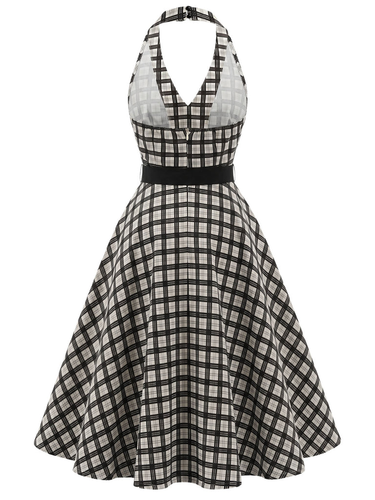 [Prevendita] Abito Svasato Nero a Quadri Halter con Cintura e Tasche Anni '50 4