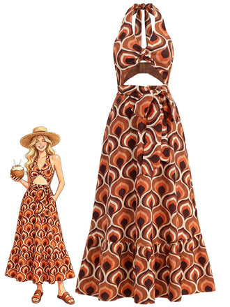 [Prevendita] Abito Maxi Halter Scollo a V Profondo Ritagliato Stampa Astratta Anni '70