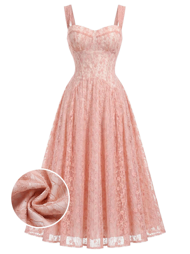 [Prevendita] Abito Corsetto Spalline Sottili Scollo a Cuore in Pizzo Rosa Anni '40