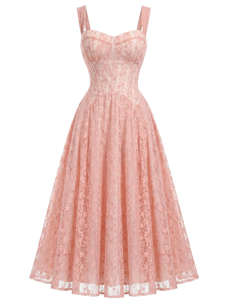 [Prevendita] Abito Corsetto Spalline Sottili Scollo a Cuore in Pizzo Rosa Anni '40 2