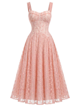 [Prevendita] Abito Corsetto Spalline Sottili Scollo a Cuore in Pizzo Rosa Anni '40 2
