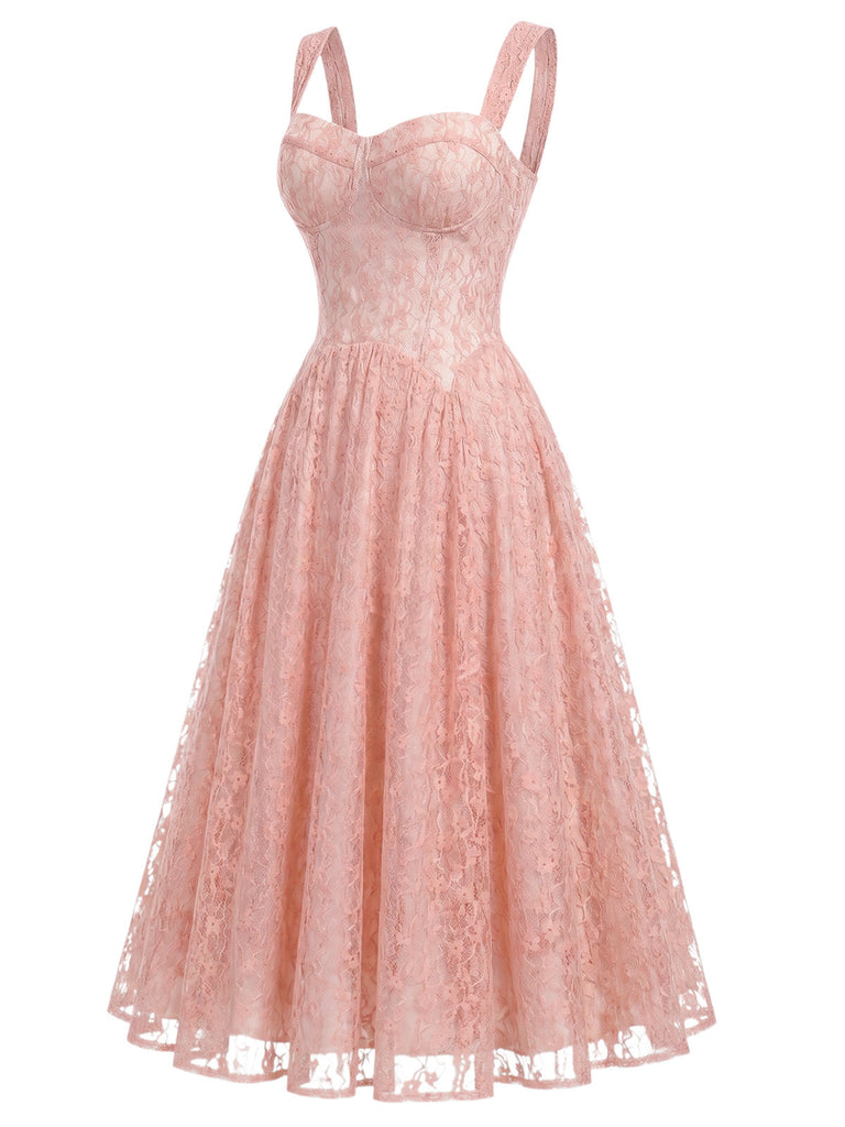 [Prevendita] Abito Corsetto Spalline Sottili Scollo a Cuore in Pizzo Rosa Anni '40 3