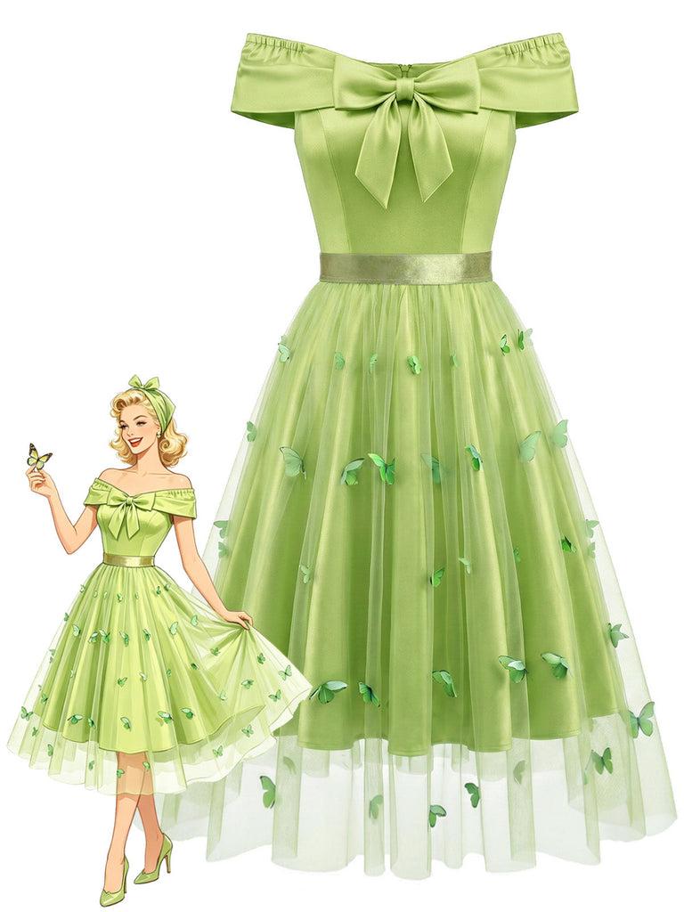 [Prevendita] Abito Spalle Scoperte con Fiocco e Sovrapposizione in Tulle Farfalla Staccabile Anni '50