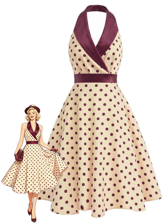 [Prevendita] Abito Albicocca a Pois in Raso con Colletto Sciallato e Halter Anni '50
