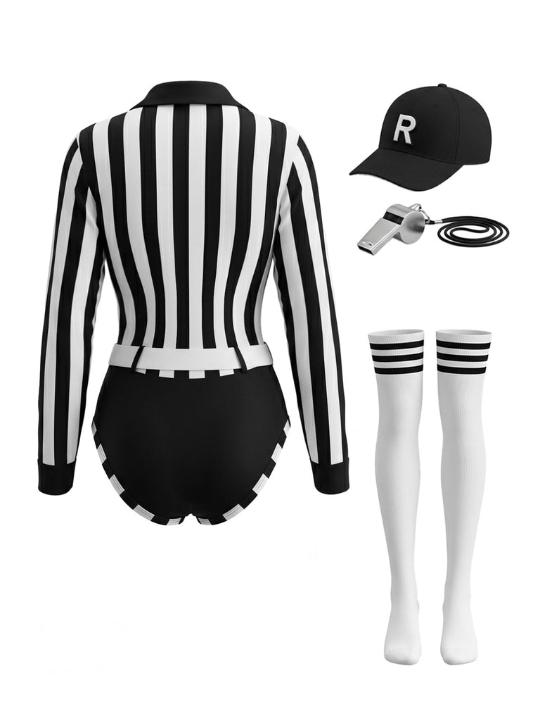 Top Nero e Bianco Anni '80 a Righe Bianche Arbitro Body Set Costume 2