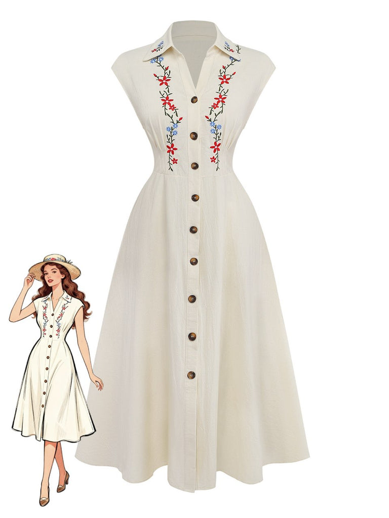 Abito Beige Anni '40 con Fiori Ricamati e Maniche a Mezza