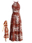 Abito Maxi Rosso Anni '70 Floreale Boho con Spacco e Schiena Scoperta