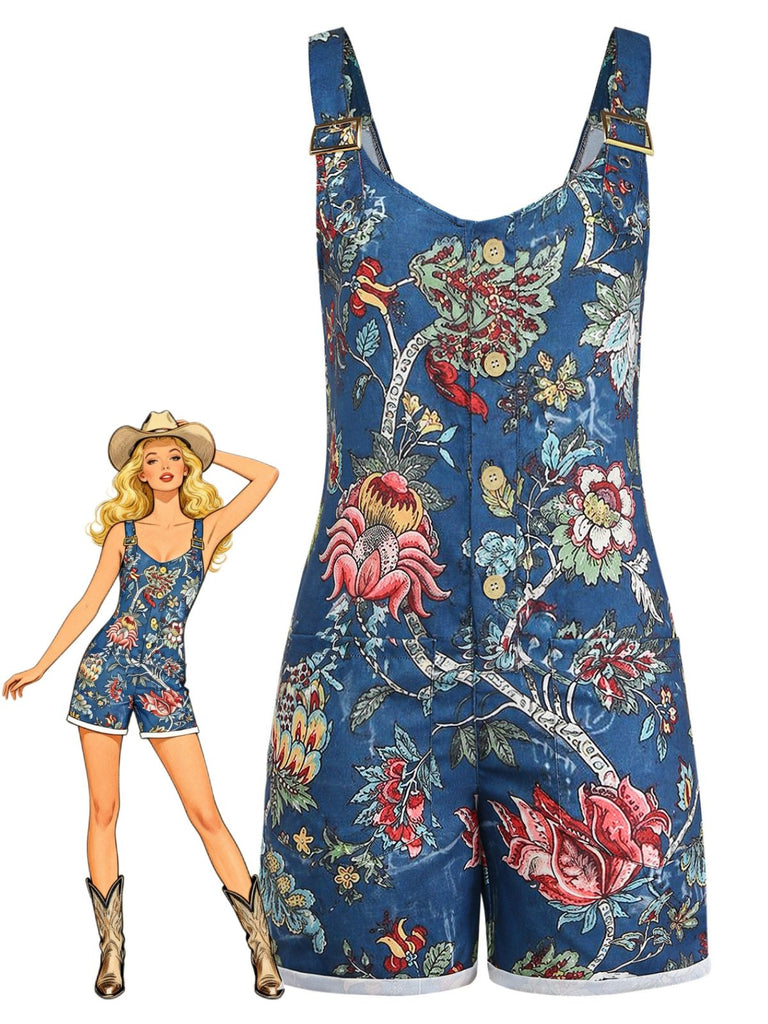 Tuta Corta Blu Anni '70 Boho Floreale Scollo Quadrato con Bottoni‑front