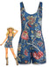 Tuta Corta Blu Anni '70 Boho Floreale Scollo Quadrato con Bottoni‑front