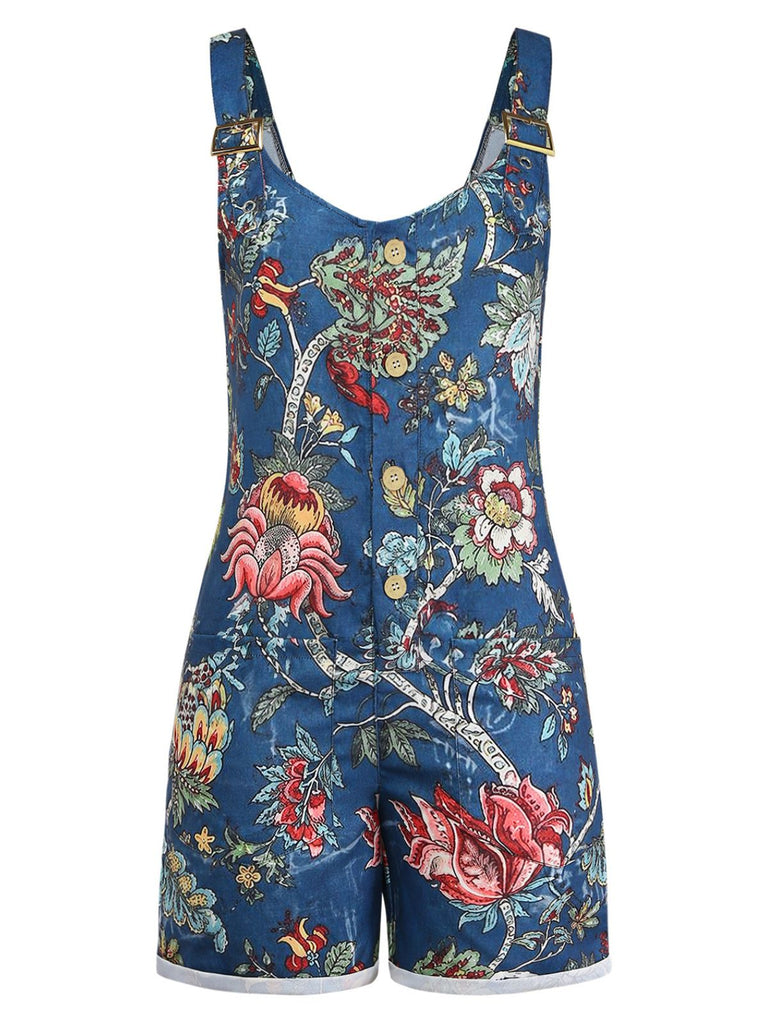 Tuta Corta Blu Anni '70 Boho Floreale Scollo Quadrato con Bottoni‑front 2
