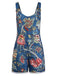 Tuta Corta Blu Anni '70 Boho Floreale Scollo Quadrato con Bottoni‑front 2