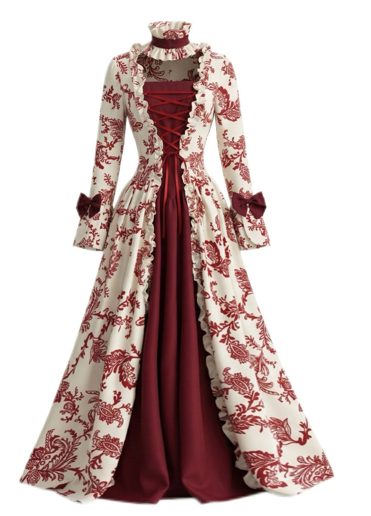 Abito da Ballo Rosso Profondo Anni '30 Rococò Floreale Corsetto