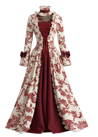 Abito da Ballo Rosso Profondo Anni '30 Rococò Floreale Corsetto
