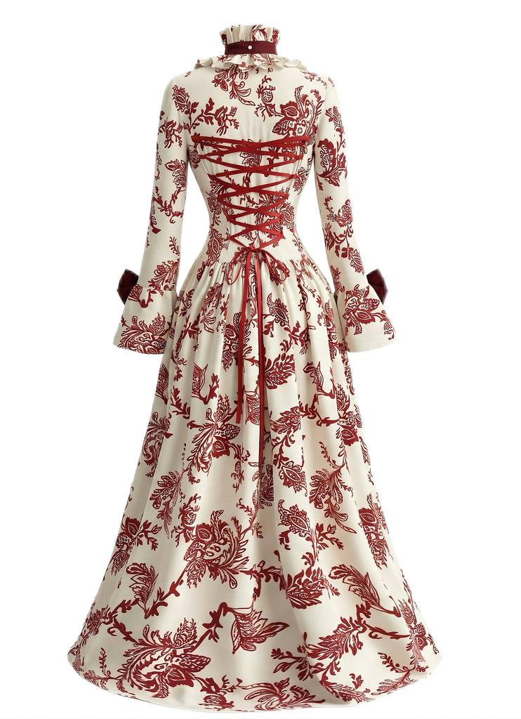 Abito da Ballo Rosso Profondo Anni '30 Rococò Floreale Corsetto 2