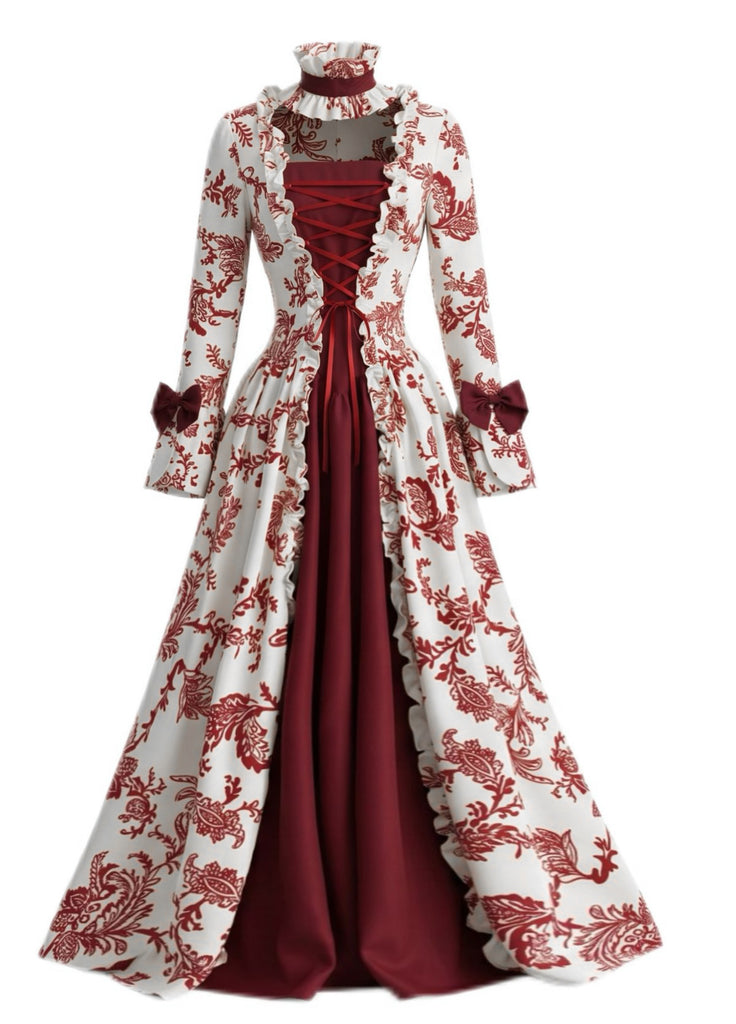 Abito da Ballo Rosso Profondo Anni '30 con Corsetto e Floreale Rococò