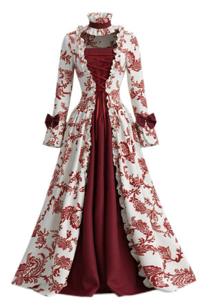 Abito da Ballo Rosso Profondo Anni '30 con Corsetto e Floreale Rococò