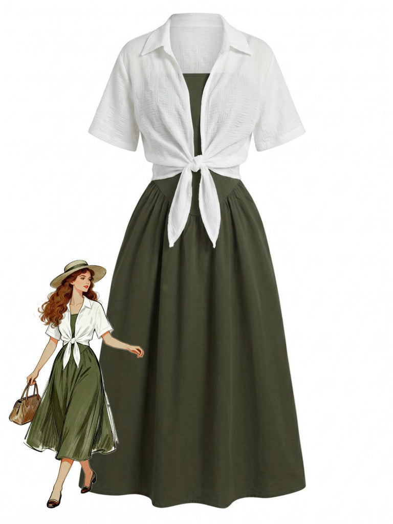 2PCS Abito Midi Verde Anni '50 Smock a Bretelle e Camicia Corta