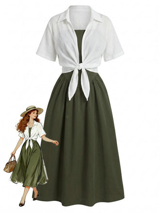 2PCS Abito Midi Verde Anni '50 Smock a Bretelle e Camicia Corta