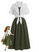 2PCS Abito Midi Verde Anni '50 Smock a Bretelle e Camicia Corta