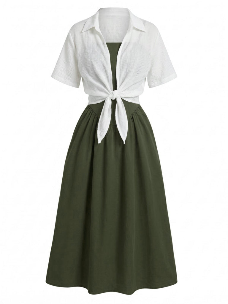 2PCS Abito Midi Verde Anni '50 Smock a Bretelle e Camicia Corta