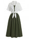 2PCS Abito Midi Verde Anni '50 Smock a Bretelle e Camicia Corta