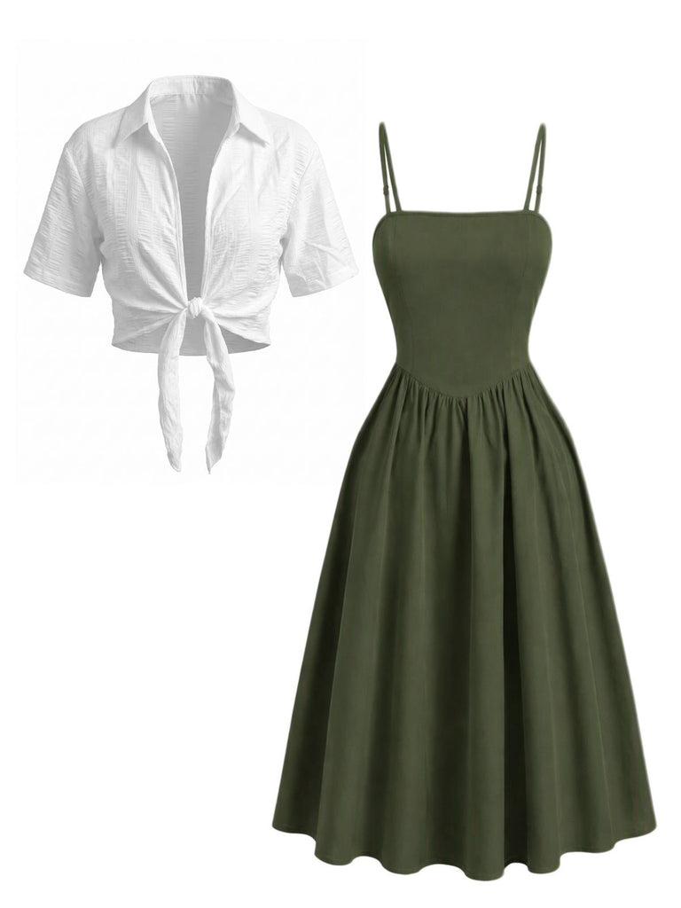 2PCS Abito Midi Verde Anni '50 Smock a Bretelle e Camicia Corta