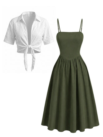 2PCS Abito Midi Verde Anni '50 Smock a Bretelle e Camicia Corta